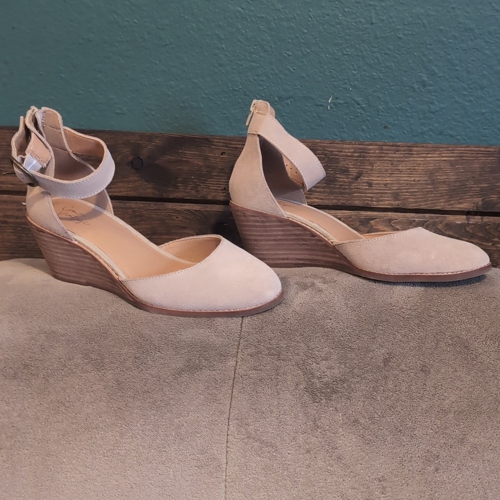 Crown Vintage Suede Ankle-Strap Wedges in Light Taupe - Picture 1 of 7